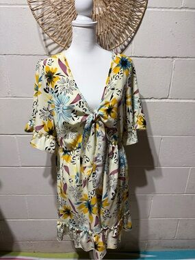 SHEIN Curve Floral Tie-Front Dress in Cream, Yellow, Blue, Pink